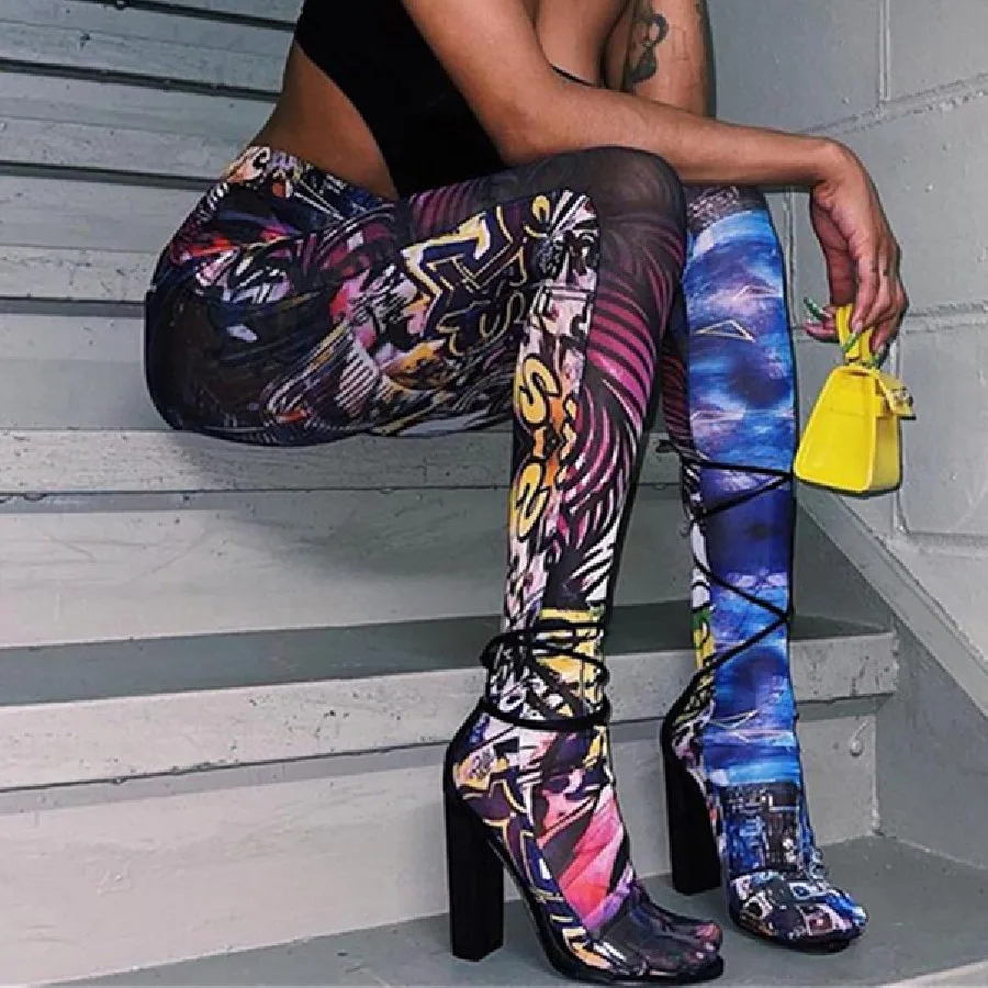 

NibberK21P03712 New Arrival Dark Printed Elastic Waist Stretch Skinny Long Pants Female High Street Wear Trousers Women Leggings, Blue