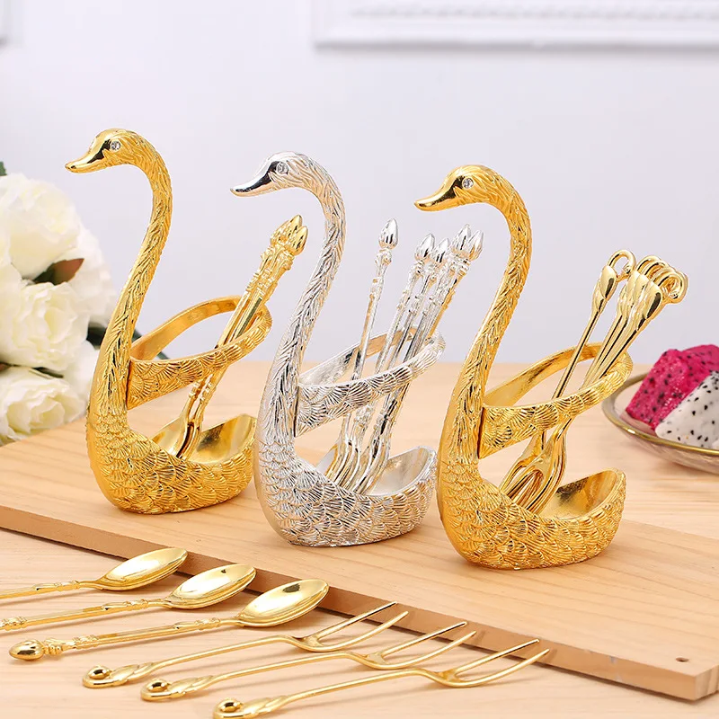 

QIAN HU Nordic High-End Table Tiny Spoon and Fork Set Stainless 6 with Gold Metal Swan Stand Gift Set, Silver, gold