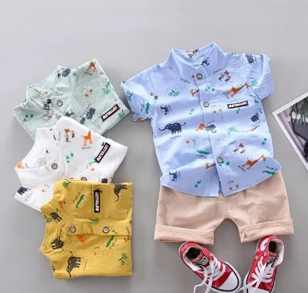 

Baby Kid Boy Summer Cartoon Printed Set Baby Children Clothes 1-4 Years Stand Collar