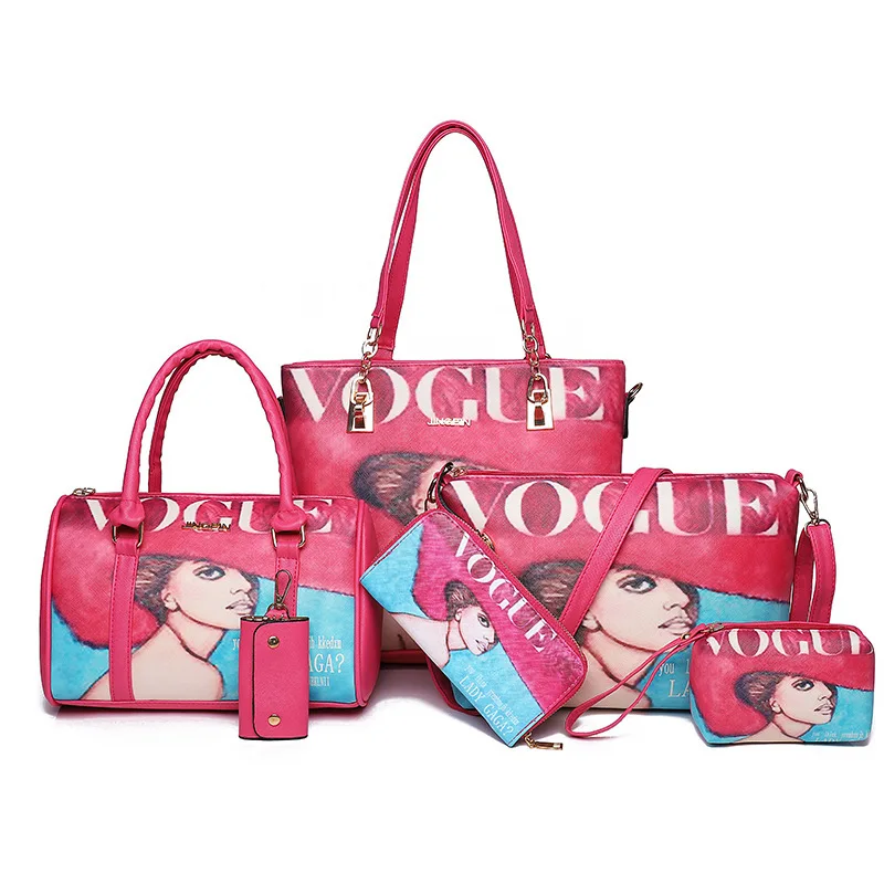

Wholesale Custom Women Ladies Designer Bags Cheap Tote Bags 6 in 1 Cartoon African Girl Print 6 pieces Handbags Set