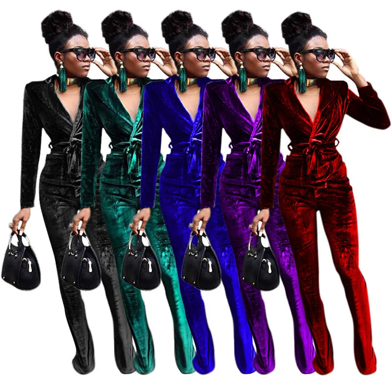 

Women's solid color slim velvet small suit flared pants two-piece suit, Shown