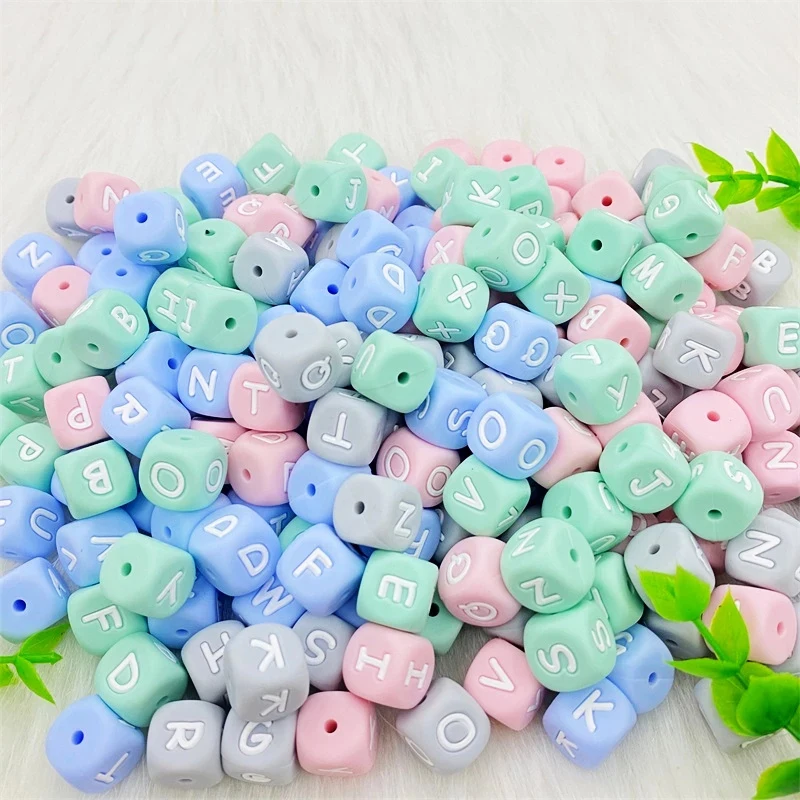 

Hot Colorful Letter Baby Bpa Free Food Grade Silicone Chewing Teething Beads 12mm Alphabet Beads, Black, green, blue, pink, white