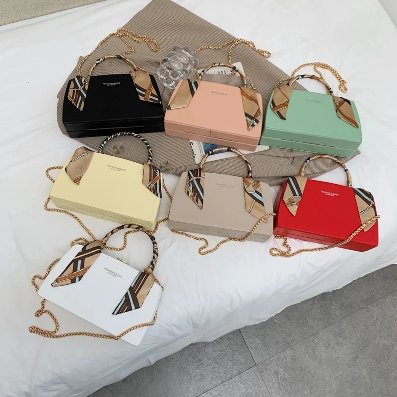 

2021 new arrivial solid color scarf handle woman handbags ladies pu leather shoulder crossbody box bag with chain, 7colors