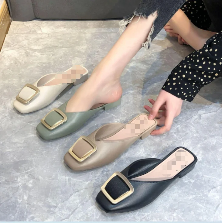 

B Factory Direct Sale Autumn Fashion all-match Women sandals Half Square Buckle Plastic Head Flat Light luxury style Lazy Shoes, Picture colors or customized