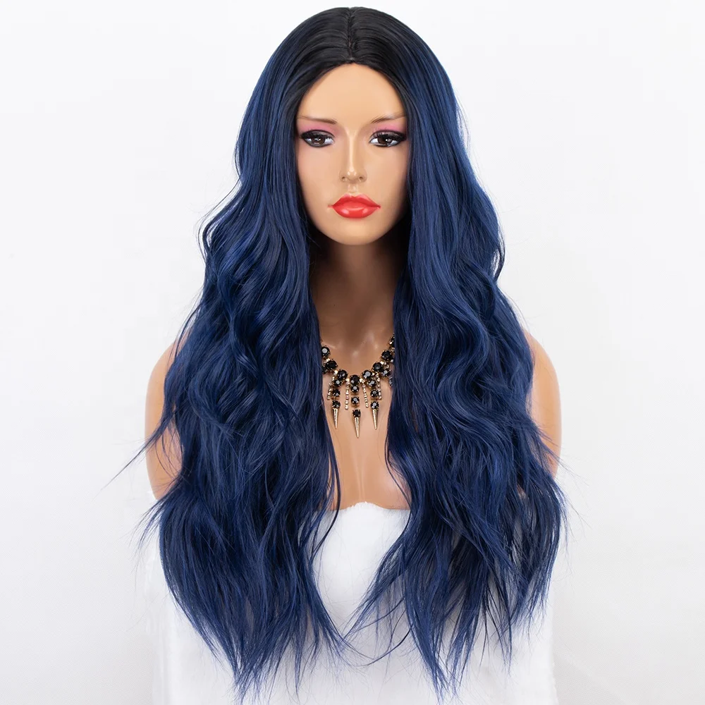 

Aliblisswig Natural Looking Dark Root Ombre Blue Long Wavy Middle Part Heat Friendly Fiber Hair None Lace Synthetic Wigs