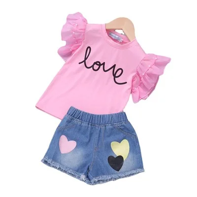

IHJ5374 Summer new lil girls clothes letter printing T-shirt + short jeans two-piece set kid clothing