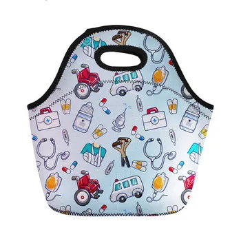 

Women Cute Cartoon Nurse Printed Neoprene Travel Insulated Lunch Bags Food Case School Cooler Thermal Large Box For Kids, Customized