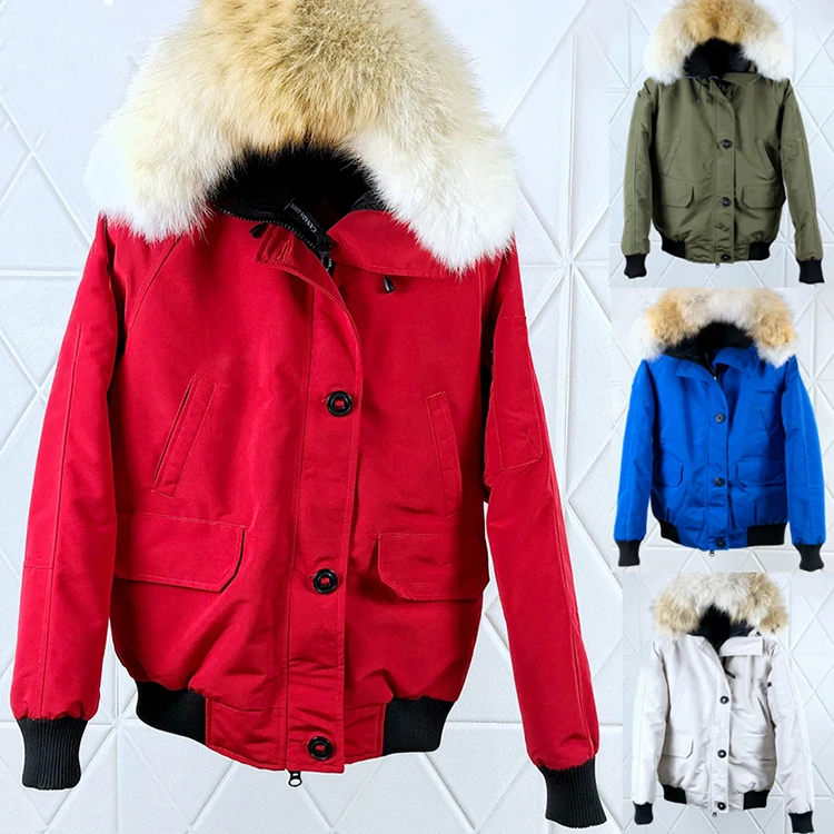 

Canada Down Jacket Women's Windproof E02 DHL Free Shipping Winter Red Bomber Goose Down Puffer Coat Wolf Fur Hooded, Red blue green black
