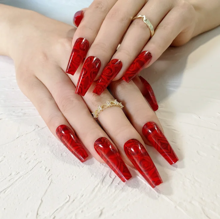 

wine red rose press on nails luxury finger nails press on womens press on nails