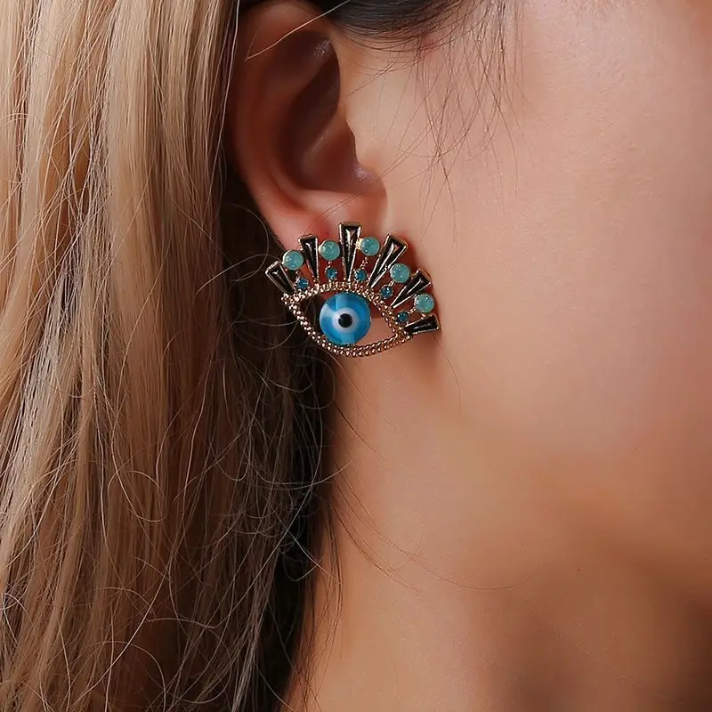 

Turkish Eye Stud Earring For Women Shiny Rainstone Small Turkish Blue Eye Jewelry Gift