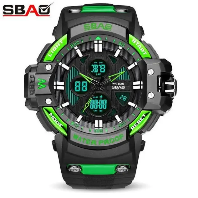 SBAO S-8027 hot sell green gents digital watch comely plastic band water proof double display Chronograph auto date reloj watch