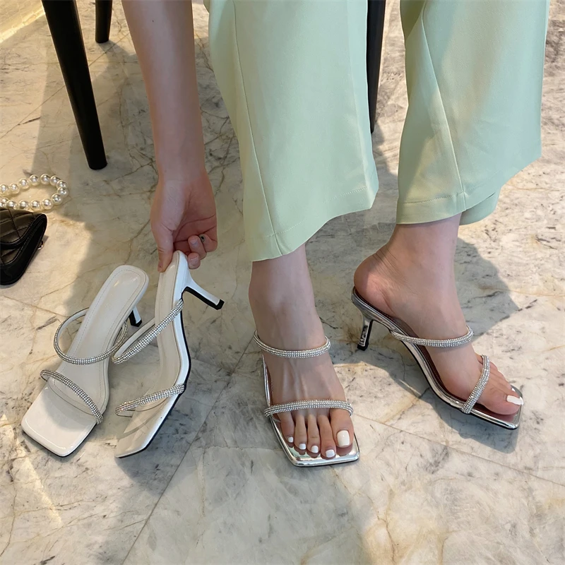 

Brand shoes jewelled embellished double strap stiletto high heel women slippers square toe lady sliders summer wear mules