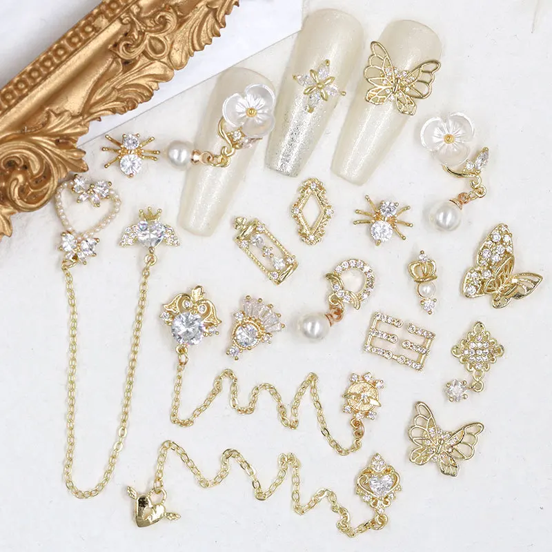 

Boutique Nail Arts Flower Butterfly Long Chain Zircon White Pearl Nail Charms Women Beauty Finger Nail Sticker Fashion Jewelry, Colorful