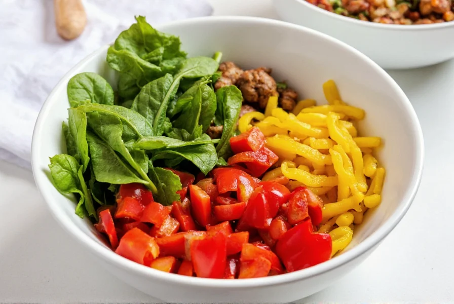 Colorful salad bowl with chopped red peppers, leafy greens, and other vegetables