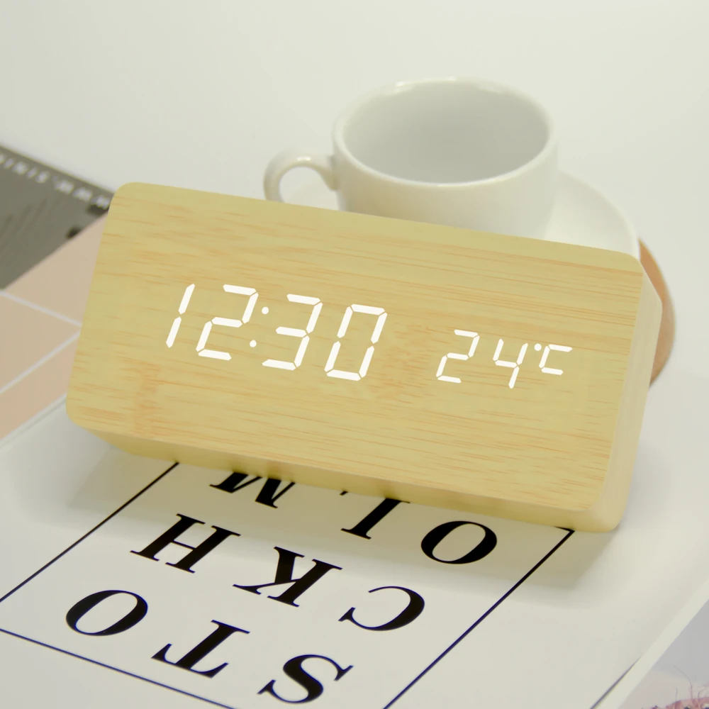 

Hot selling custom LOGO packing digital Red LED wooden table alarm clock with calendar temperature voice controlled, Black/ white/brown/bamboo