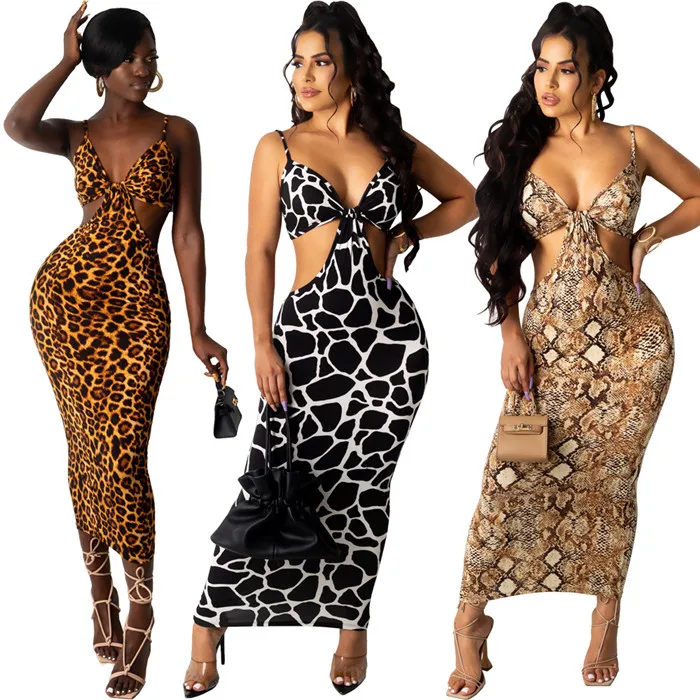

S8813-2021 summer leopard printed sleeveless vintage cut out bodycon long maxi dress women