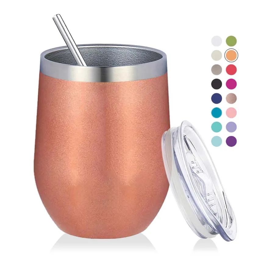 12oz Logo Custom Wholesale Double Wall Vacuum Insulated Stainless Steel Cups Egg Coffee Wine Tumbler With Rose Gold Sliding Lid