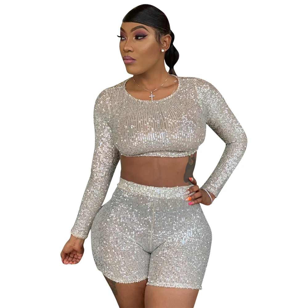 

Sexy sequin two piece sets short pantsuit with long sleeves trendy women clothing FM-LS6313, As pictures