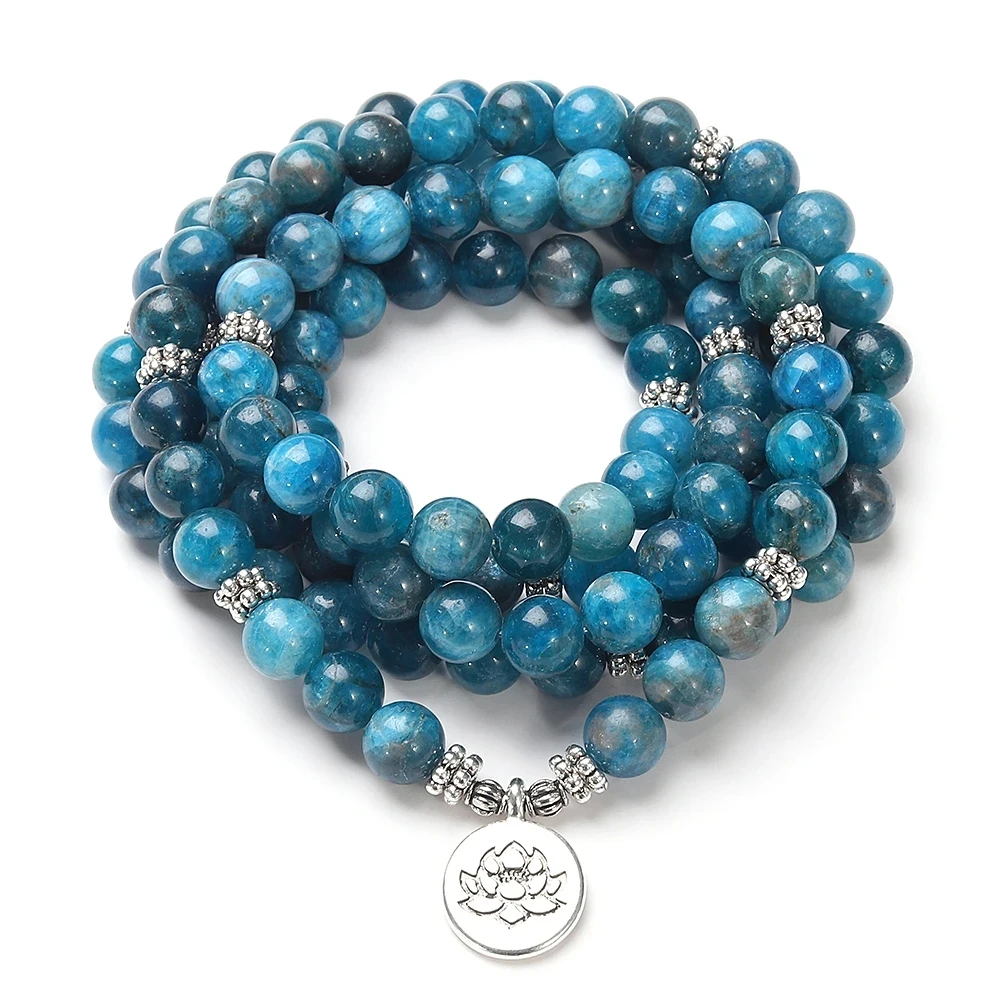 

Natural Stone Jewelry 108 Mala Apatite with Lotus Charm Yoga Bracelet or Necklace For Men Women, Picture