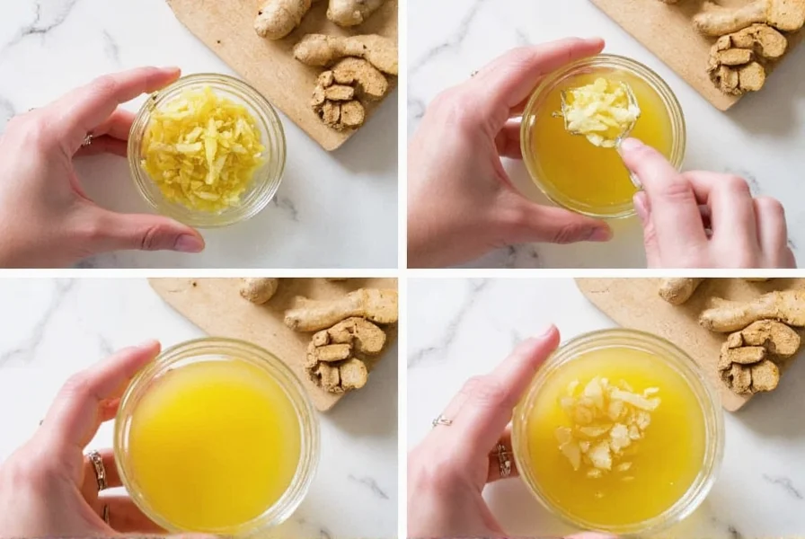 Step-by-step preparation of homemade ginger mixture showing grating fresh ginger root, mixing with honey and lemon juice in glass jar