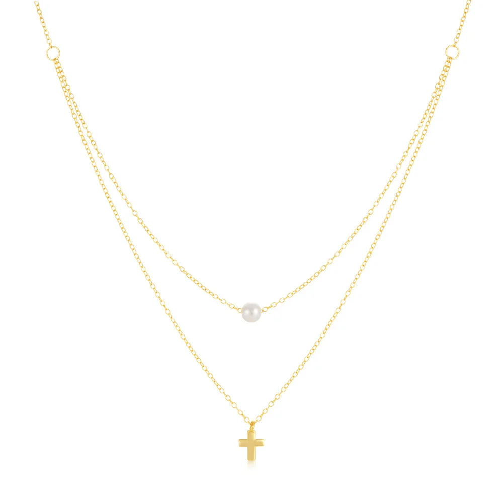 925 Sterling Silver Double Layer Clavicle Chain Necklace Jewelry Women Gold Plated 925 Silver Cross and Pearl Pendant Necklace