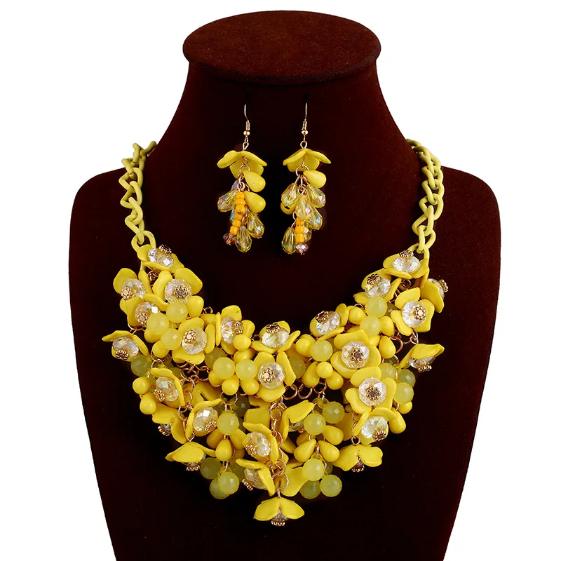 

European and American exaggerated color Gem Flower Necklace Earring Jewelry Set Gift female accessories wholesale, 6 colors