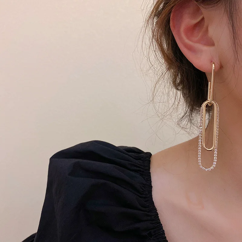 

S925 Silver Needle Geometric Rhinestone Drop Earrings Diamond Paper Clips Shaped Pendants Earrings, Picture shows/custom color