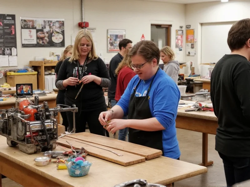 Crafters sharing tools in community workshop space