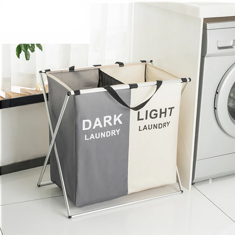 Foldable 2 Sections Laundry Hamper Basket With Aluminum Frame For ...