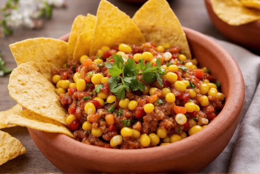 Finished roasted chili corn salsa with chipotle served in a traditional clay bowl with tortilla chips