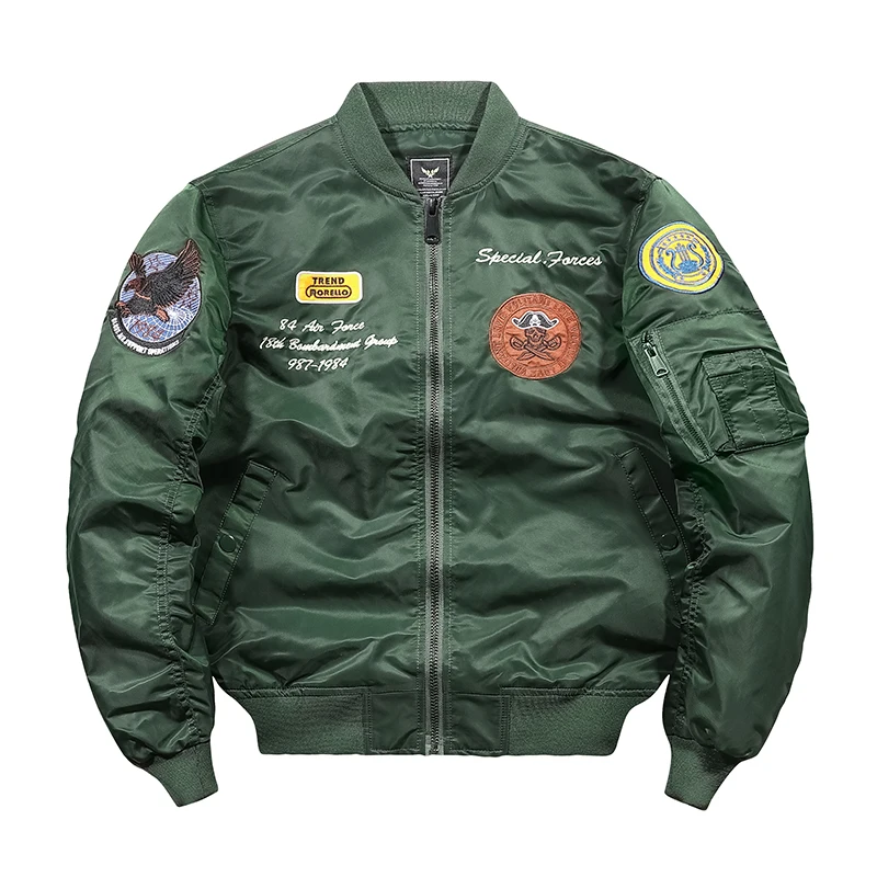 

Fashion Embroidery Autumn Winter Men's Army Pilot Uniform MA1 Bomber Sports Jacket For Men, Army green,black