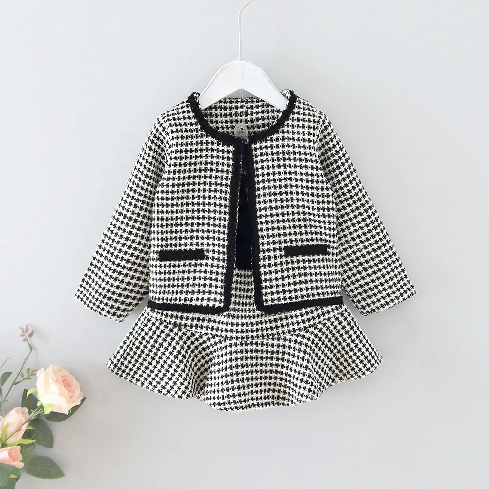 

Girls' Suit Fashion Baby Kids Woolen Houndstooth Jacket Coat+Skirt Outfits for Children Clothes Set, As picture