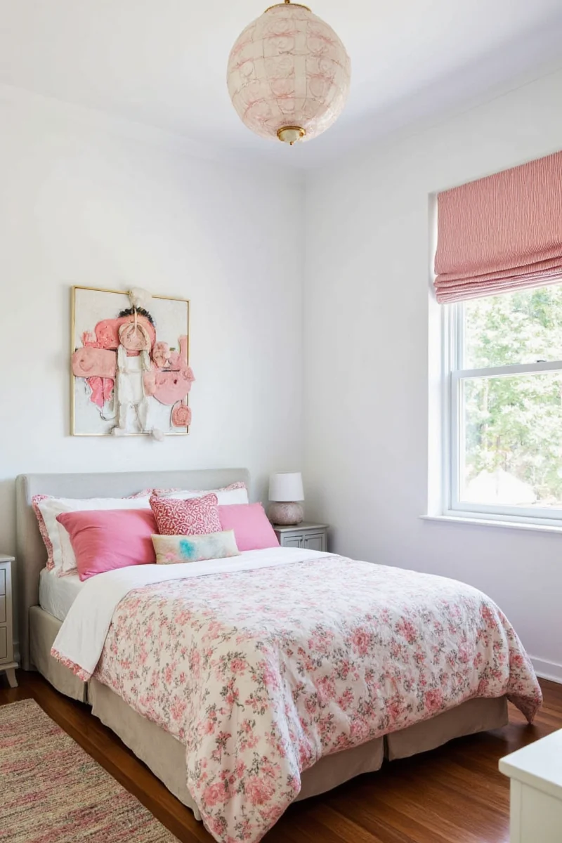 Modern teen bedroom with neutral tones and floating shelves