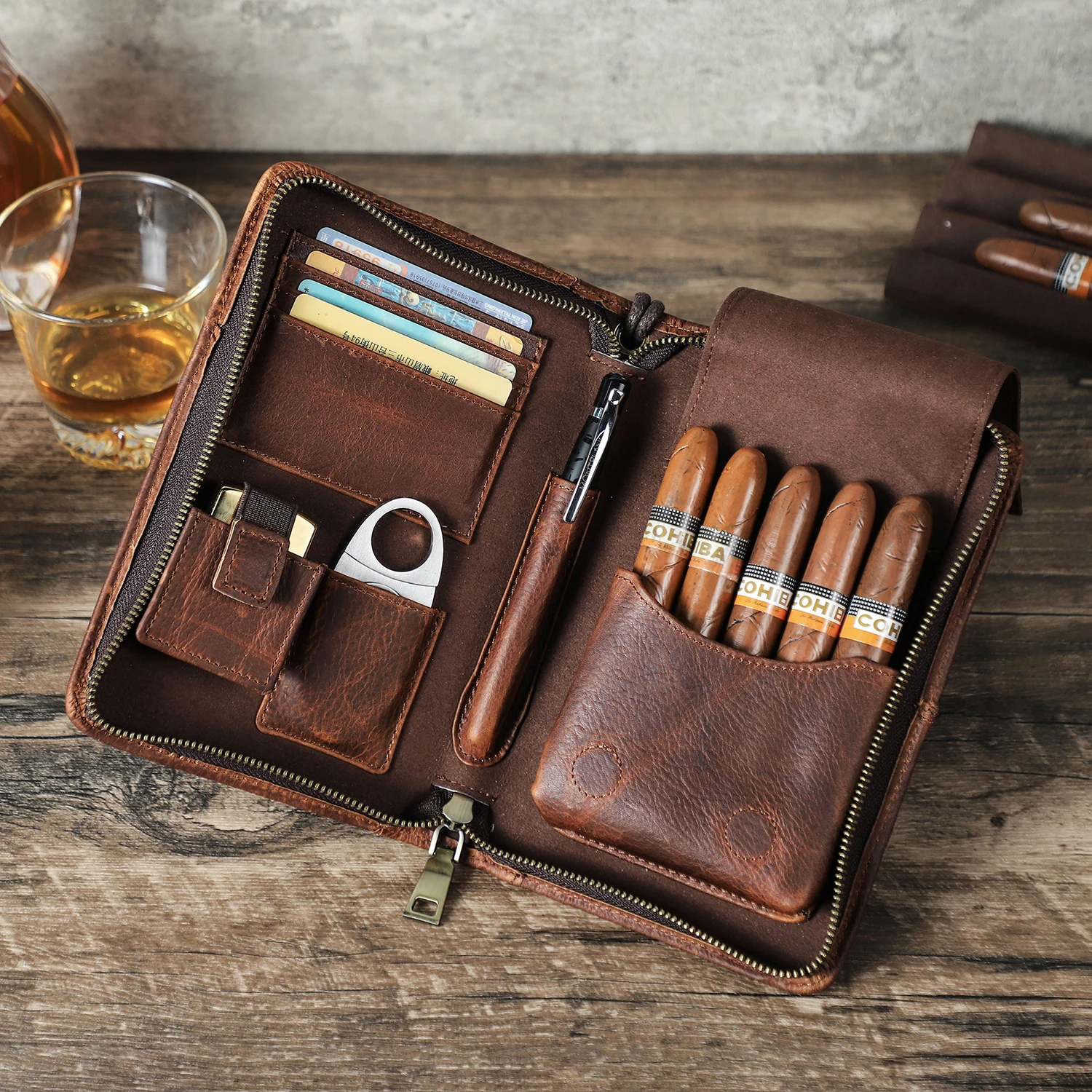 

Custom Genuine Leather Cigar Travel Case Bag Embossed Logo Cigars Humidor Portable Tube Holder Lighter Cutter Storage