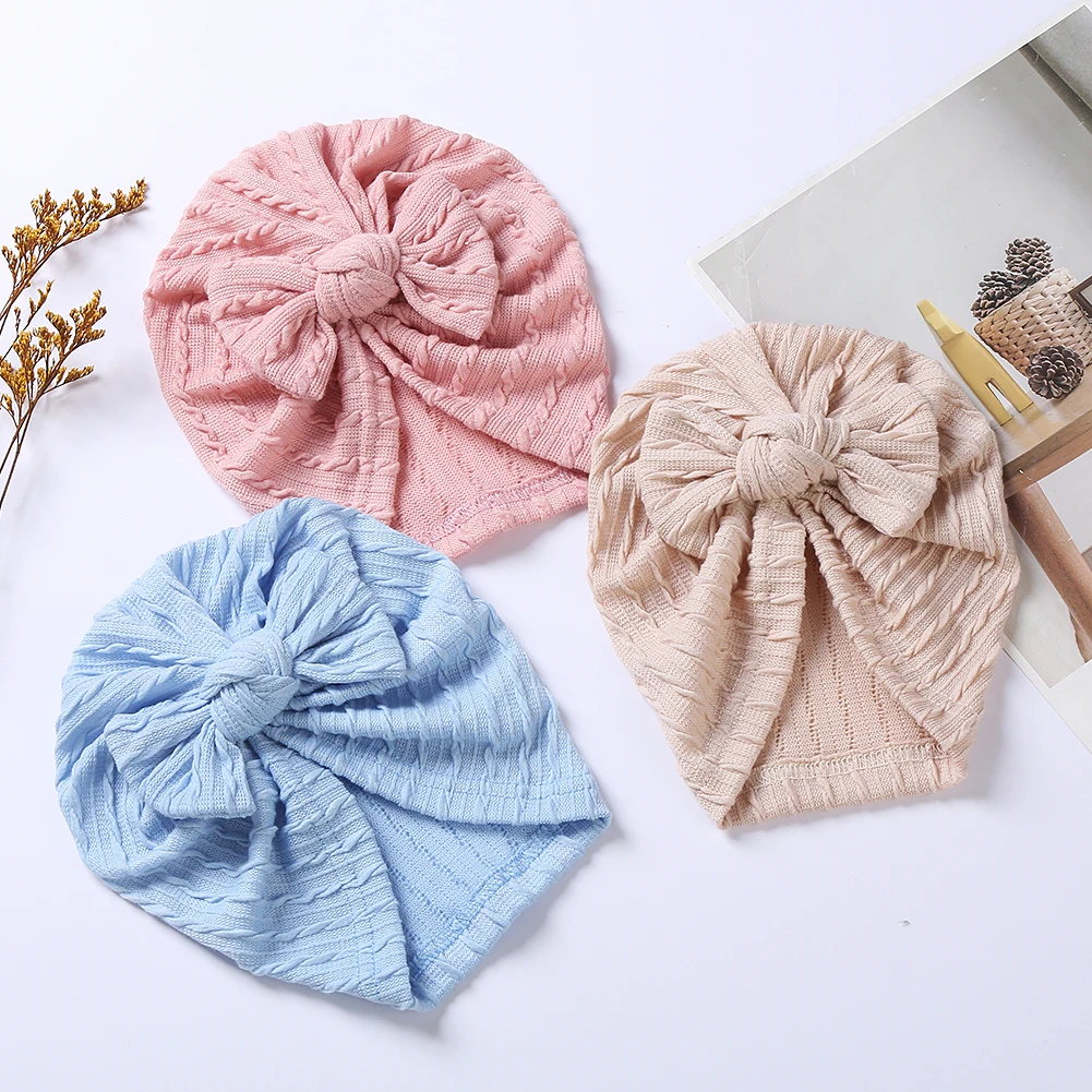 

New Cotton Knitted Bow Knot Turban Baby Hat Newborn Caps Winter Autumn High Elastic Infant Handmade Headwraps