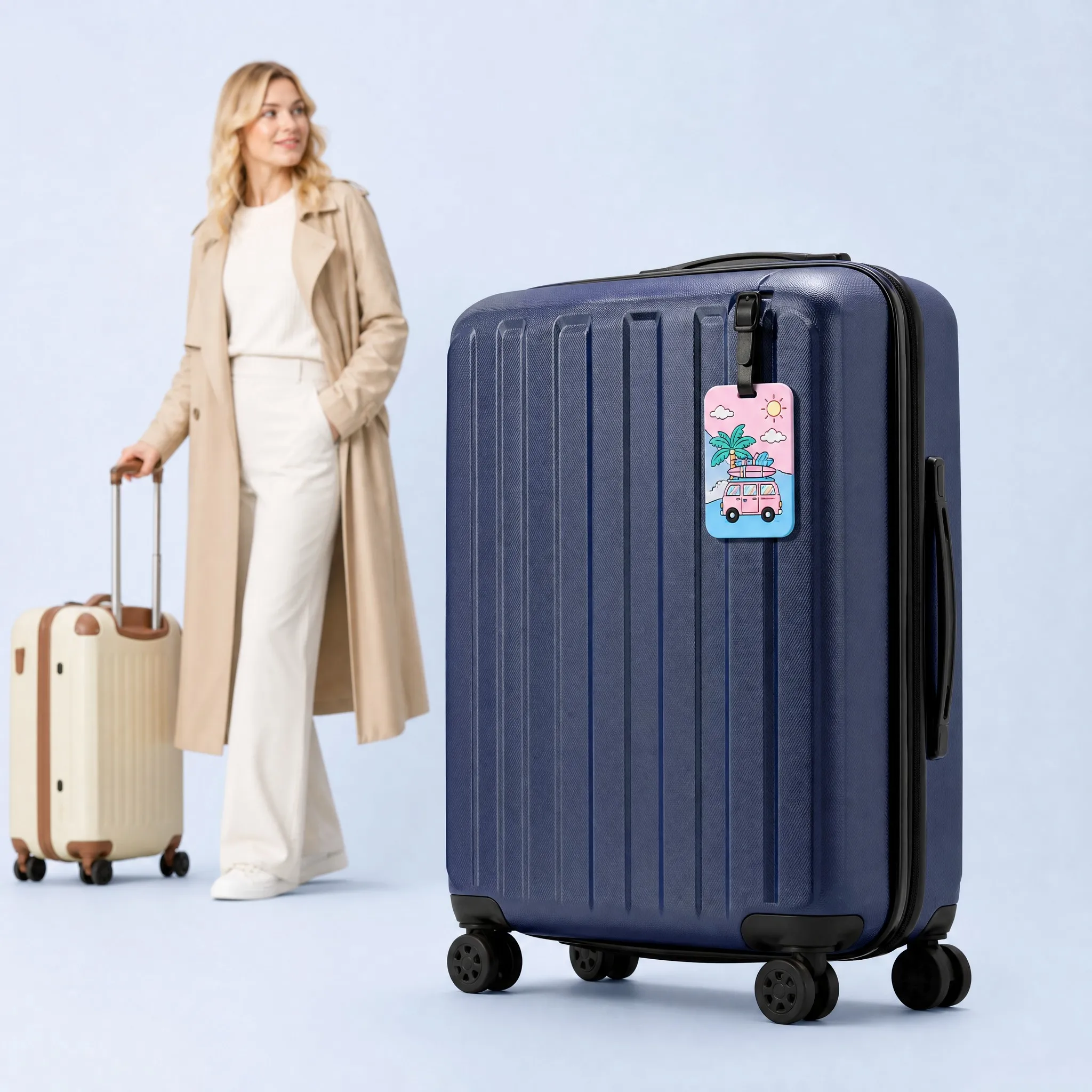 Custom 3D Soft PVC Pastel Camper Van Luggage Tag on Navy Blue Spinner Suitcase Model Lifestyle