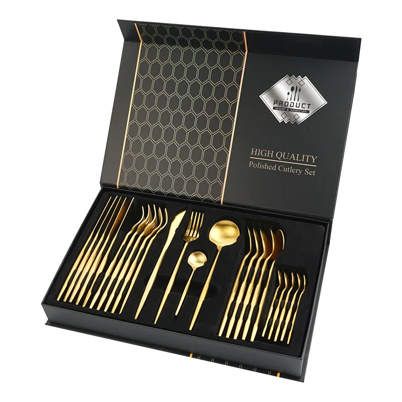 

Wholesale Kitchen Luxury Black Cubiertos 24 Pcs Stainless Steel Matt Gold Silverware Flatware Knife Spoon Fork Cutlery Set