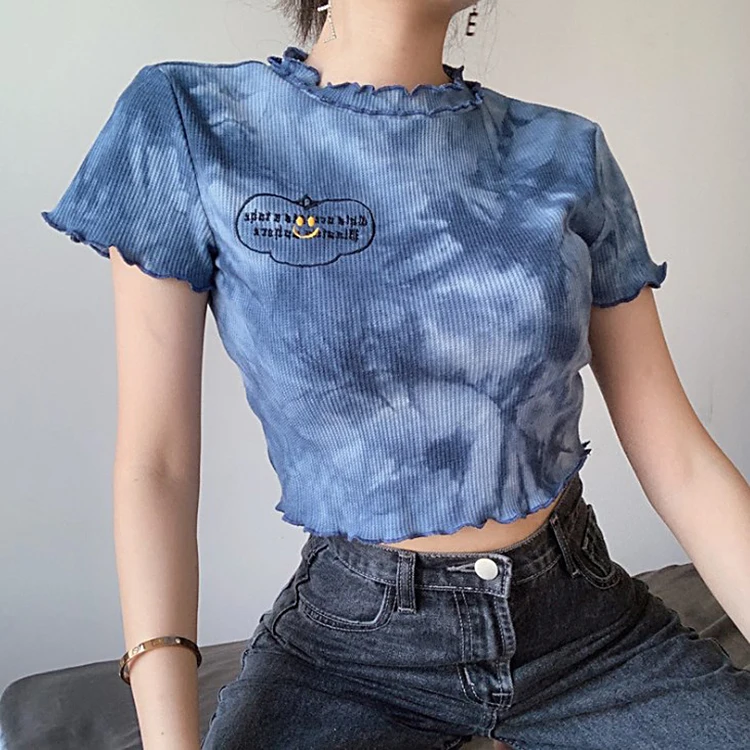 

New tie-dye printed short-sleeve cropped T-shirt top, As picture