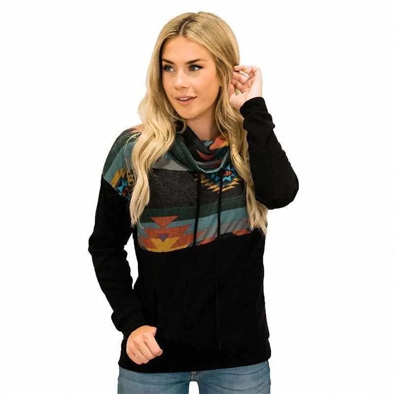 

Long Sleeve Fashion Aztec Geometric Pocketed Pullover Designer Sweatshirt For Women, As picture