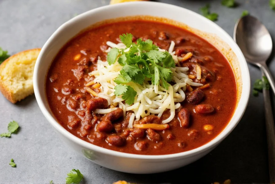 Bowl of steaming chorizo chili topped with queso fresco and cilantro served with cornbread