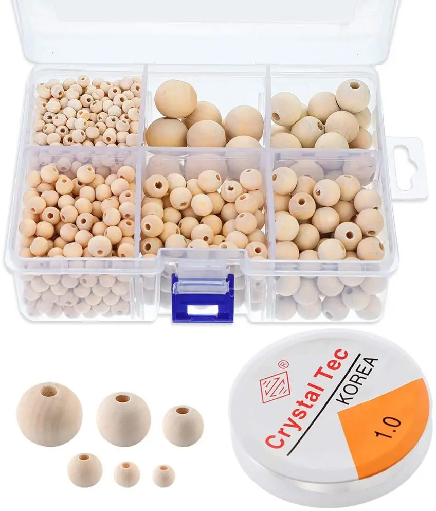 

Unfinished Wood Beads Set with Crystal Elastic Line 6 / 8 / 10 / 12 / 16/ 20mm With Boxed for DIY Jewelry Making, Natural wood color