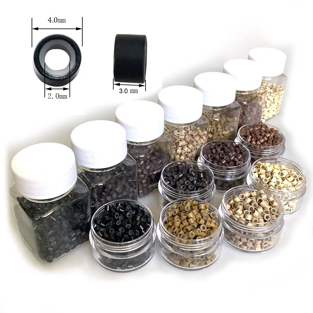 Private Label 1000pcs 4mm Micro Rings Links with Silicone Lined Beads for Hair Extensions