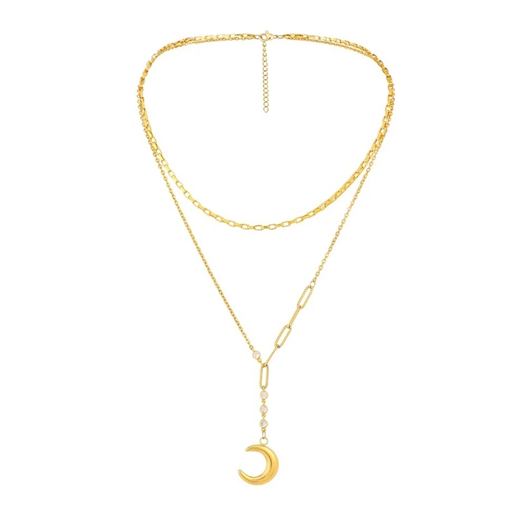 

NUORO Creative Stainless Steel Multilayer Y Chain Delicate Women Jewelry CZ 18k Gold Plated Half Crescent Moon Pendant Necklace