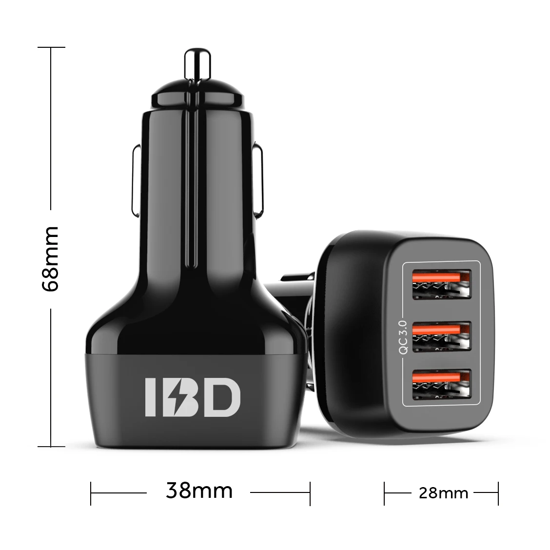 

IBD Qualcomm Quick Charge QC3.0 Portable Car Charger 3 Ports Smart Phone Electric Car Charger for mobile phone, Black and white or oem