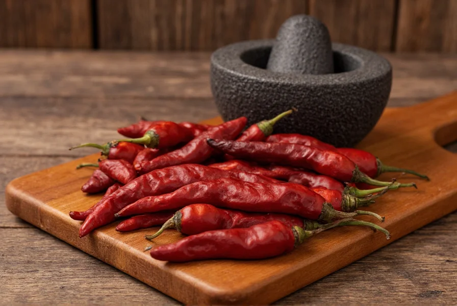 Close-up photograph of dried ancho peppers arranged on wooden cutting board with traditional Mexican molcajete