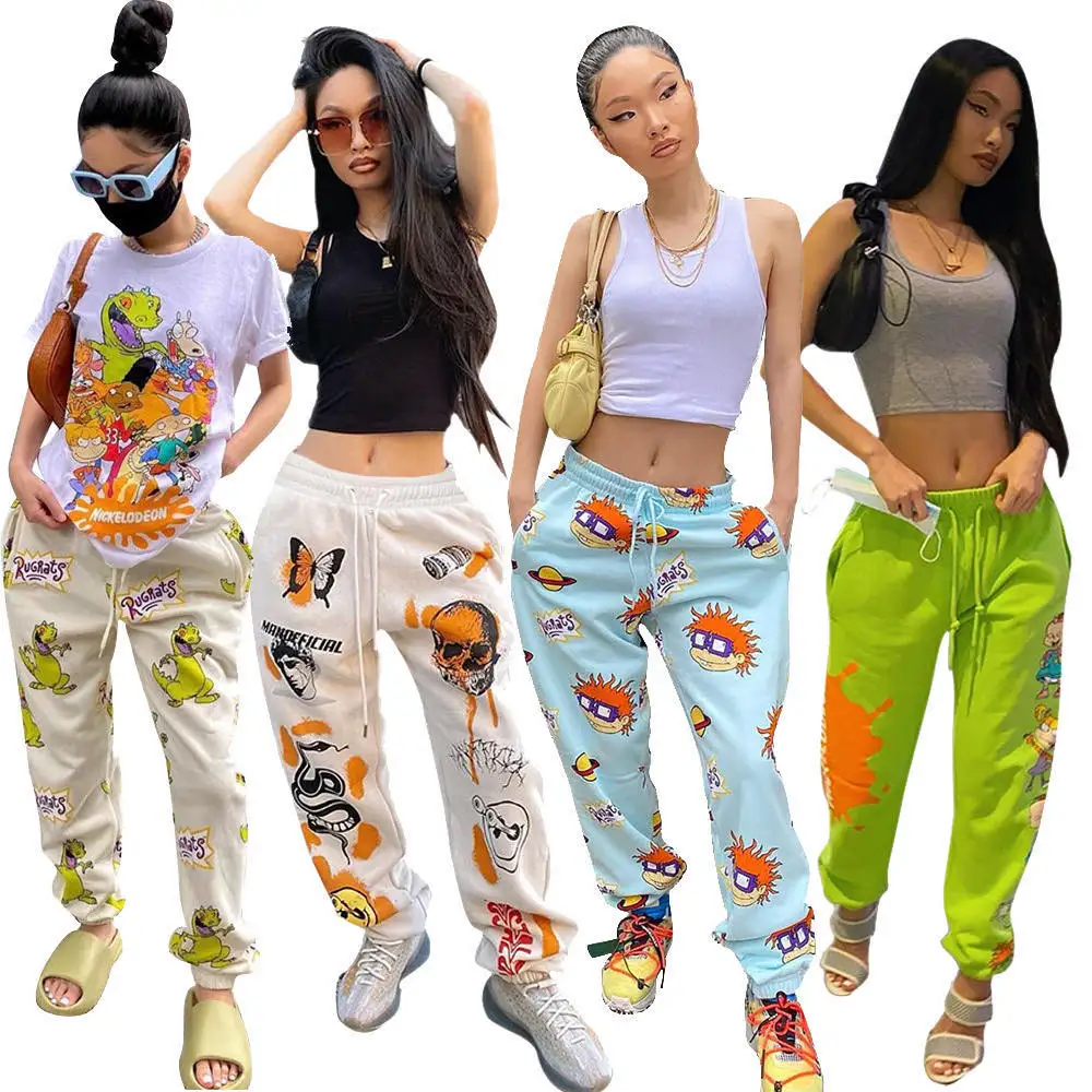 

2020 autumn hot sale chic design fashion joggers women high waist drawstring long pants with graffiti streetwear, As picture