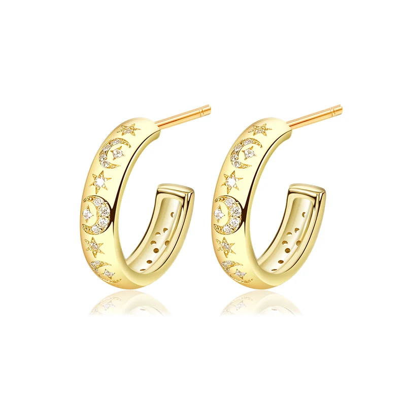 Trending 925 Sterling Silver Star Stud Earrings moon star Zircon C Shape Earring Women Gold Plated Jewelry