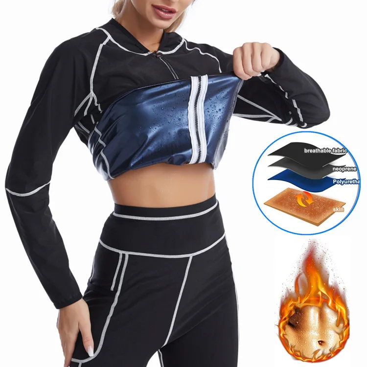 

Dropshipping 2022 Tiktok PU Long Sleeved Sweaty Ladies Fat Burning Fitness Set Hot Sauna Sweat Jacket Sauna Suits