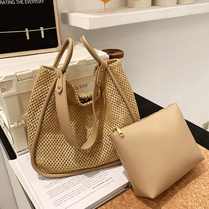 

New Summer Straw Large Woven Bag Purse For Women Vocation Color Blocking Tote Handbags, White,khaki,green,black,coffee