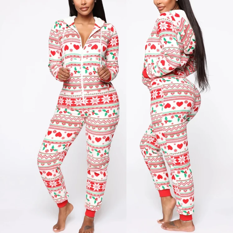 

Wholesale striped fun pattern printing zipper Christmas Adult Onesie pajamas women onesie christmas pjs, Picture shows
